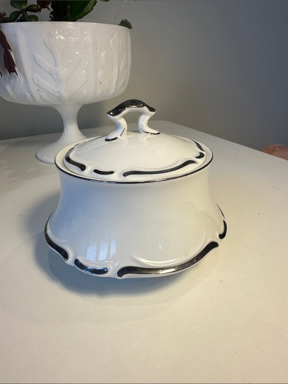 White Ceramic Lidded Sugar Bowl with Silver Accent